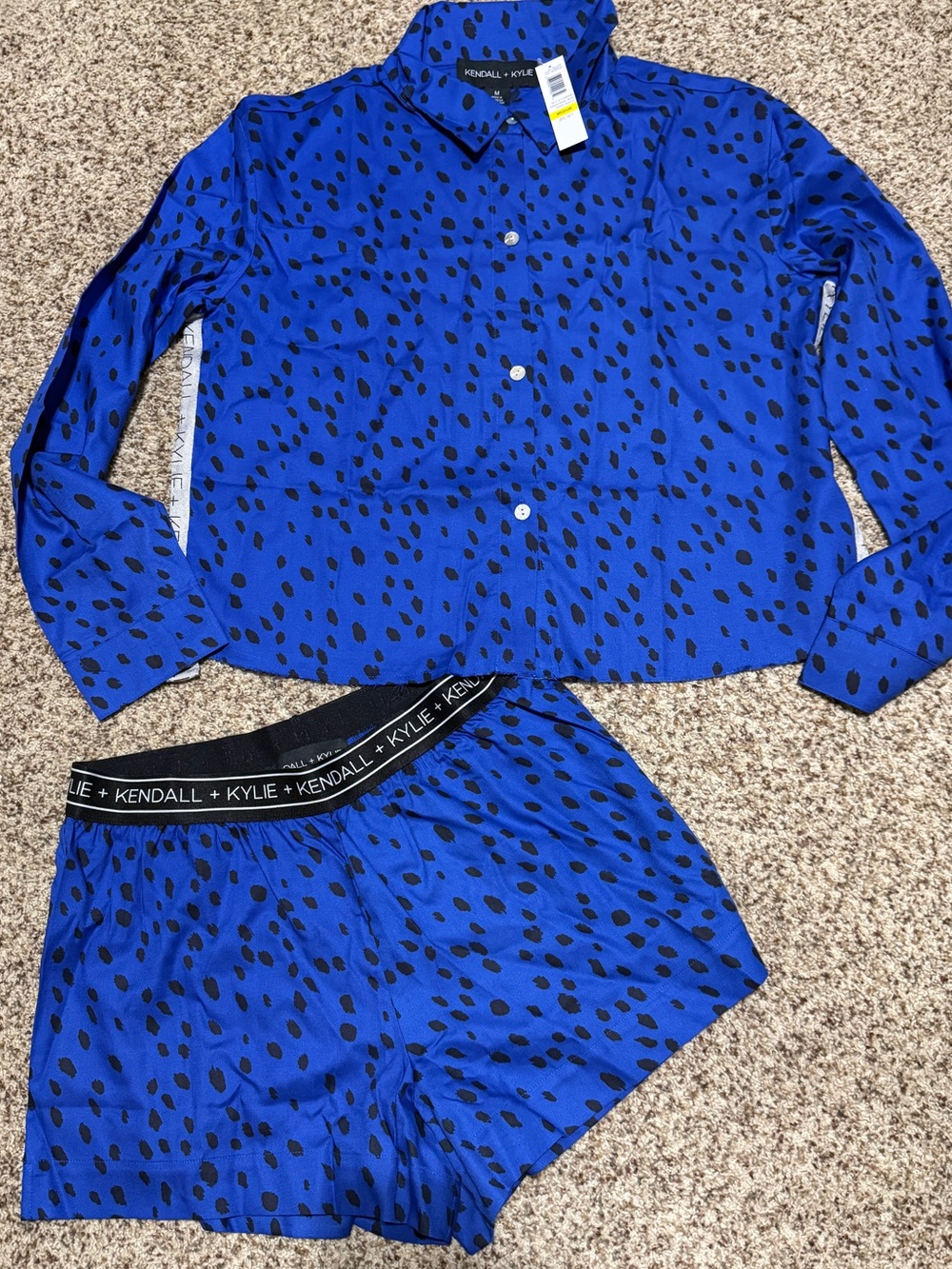 Kendall & Kylie Royal Blue Black Notched Collar Boxer Pajamas Set Womens M NWT